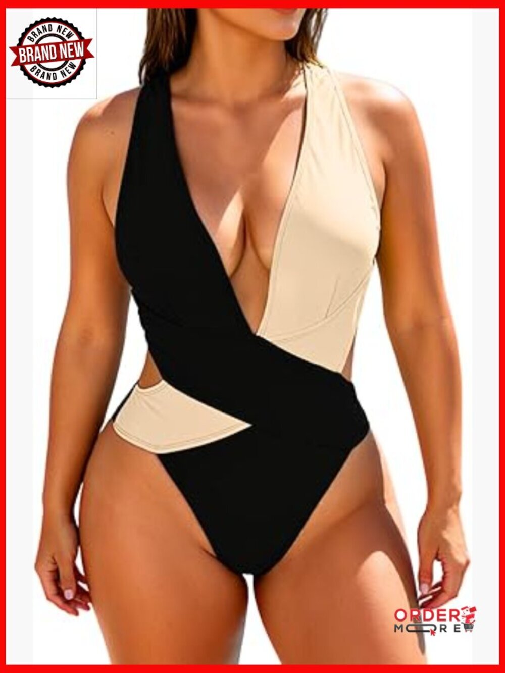 Sexy Plunge Backless Color Block One Piece Swimsuit High Cut Scrunch Monokini
